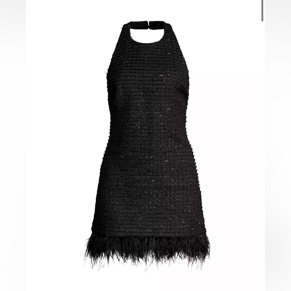 Aiifos Jackie Tweed Feather-Trim Halter Dress